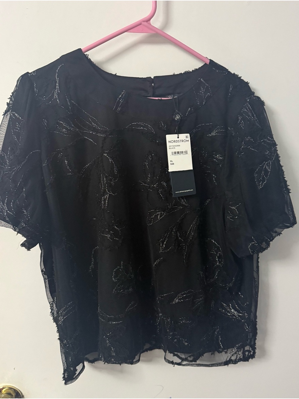 Nordstrom Black Short-Sleeve Embroidered Sheer Blouse